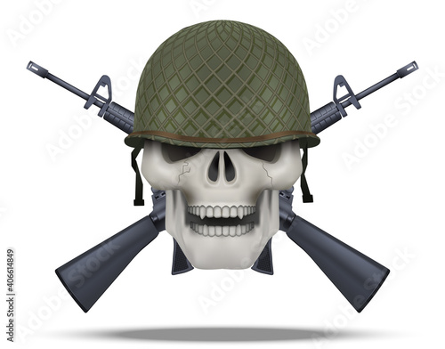 Skull with USA helmet and rifles cross. American military for labels and patches. Helmet and m16 rifles. Vector Illustration on isolated white background
