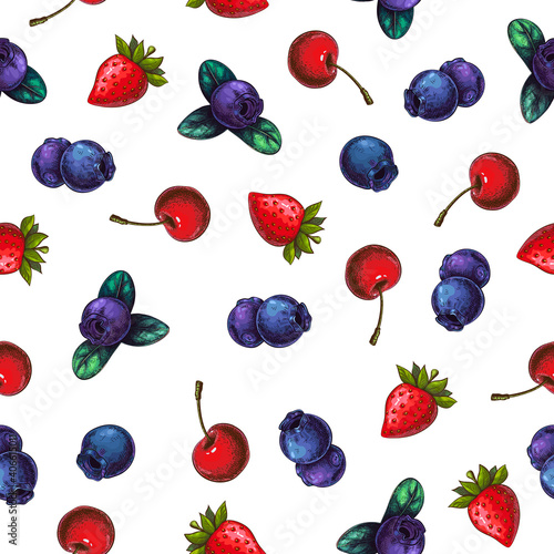 berries seamless pattern isolated on white. mix of garden or forest berries endless background. Strawberry, blueberry, cherry. Background design of summer fruits. great for packaging, wrapping paper.