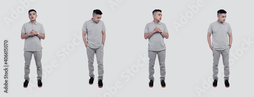 Collection of man wearing heather grey polo shirt isolated on plain background