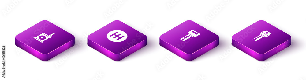 Set Isometric Canister for motor oil, Gear shifter, Car key with remote and icon. Vector. Set Isometric Canister for motor oil, Gear shifter, Car key with remote and icon. Vector.