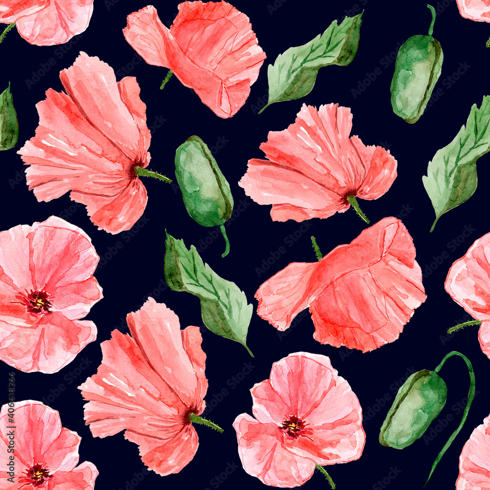 Bright red poppies on a dark blue background. Watercolor seamless pattern.