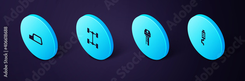 Set Isometric Car muffler, key with remote, Chassis car and mirror icon. Vector.