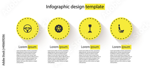 Set Steering wheel, Gear, shifter and Car seat. Business infographic template. Vector.
