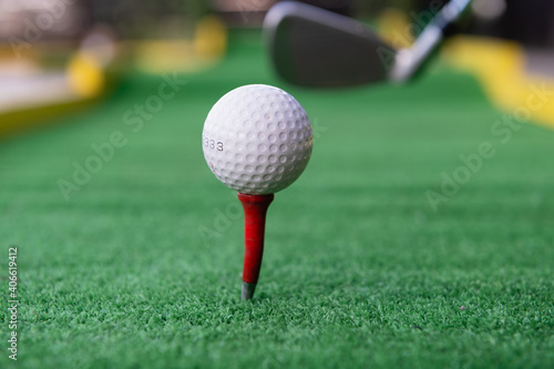 Close up golf ball on tee stand