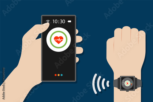 hands wear smart watches and smart phones to monitor health with modern digital technology vector design