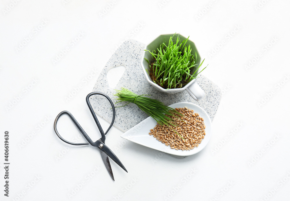 Fresh wheatgrass, seeds in bowl and scissors on white background Fresh wheatgrass, seeds in bowl and scissors on white background