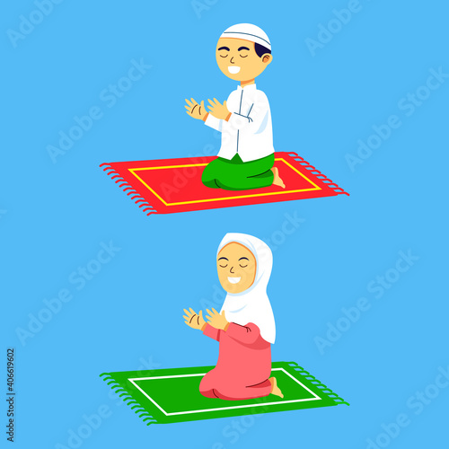 Girl And Boy Moslem Sit And Praying On Pray Mat