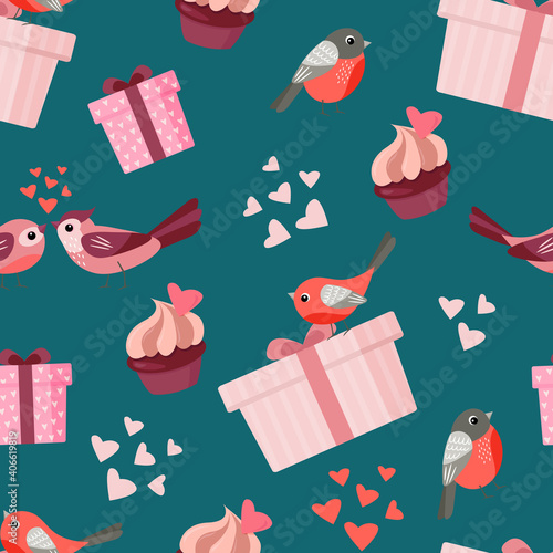 Enamored birds, hearts and gifts. Endless textures for your design. Flat style.