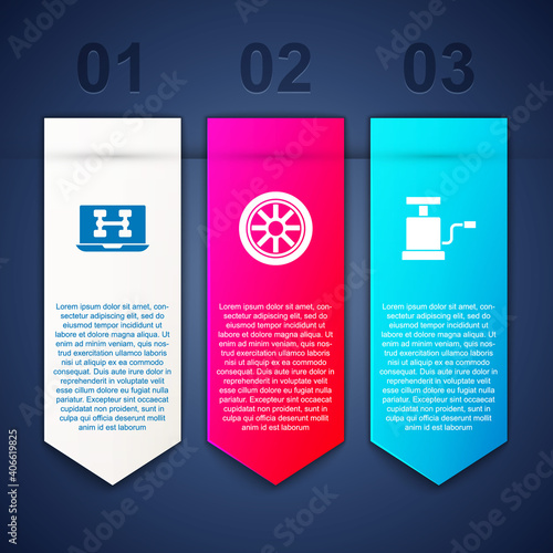 Set Diagnostics condition of car, Car wheel and air pump. Business infographic template. Vector.