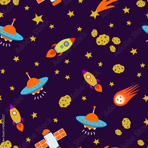 Cosmic seamless pattern. UFOs, comets, rockets, satellites, asteroids, meteorites, stars. Design for decorating a children's room, fabric, textile, wallpaper, packaging.