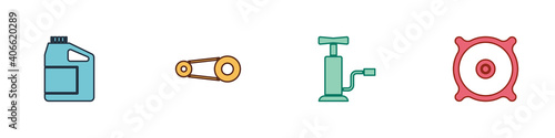 Set Canister for motor oil, Timing belt kit, Car air pump and audio speaker icon. Vector.