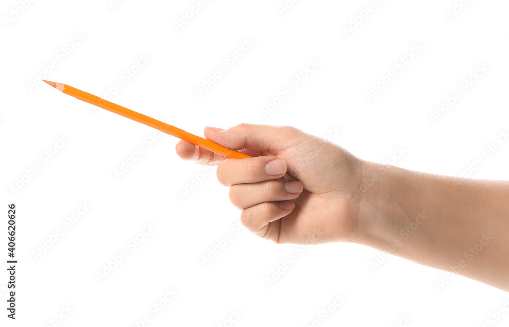 Female hand with color pencil on white background Female hand with color pencil on white background