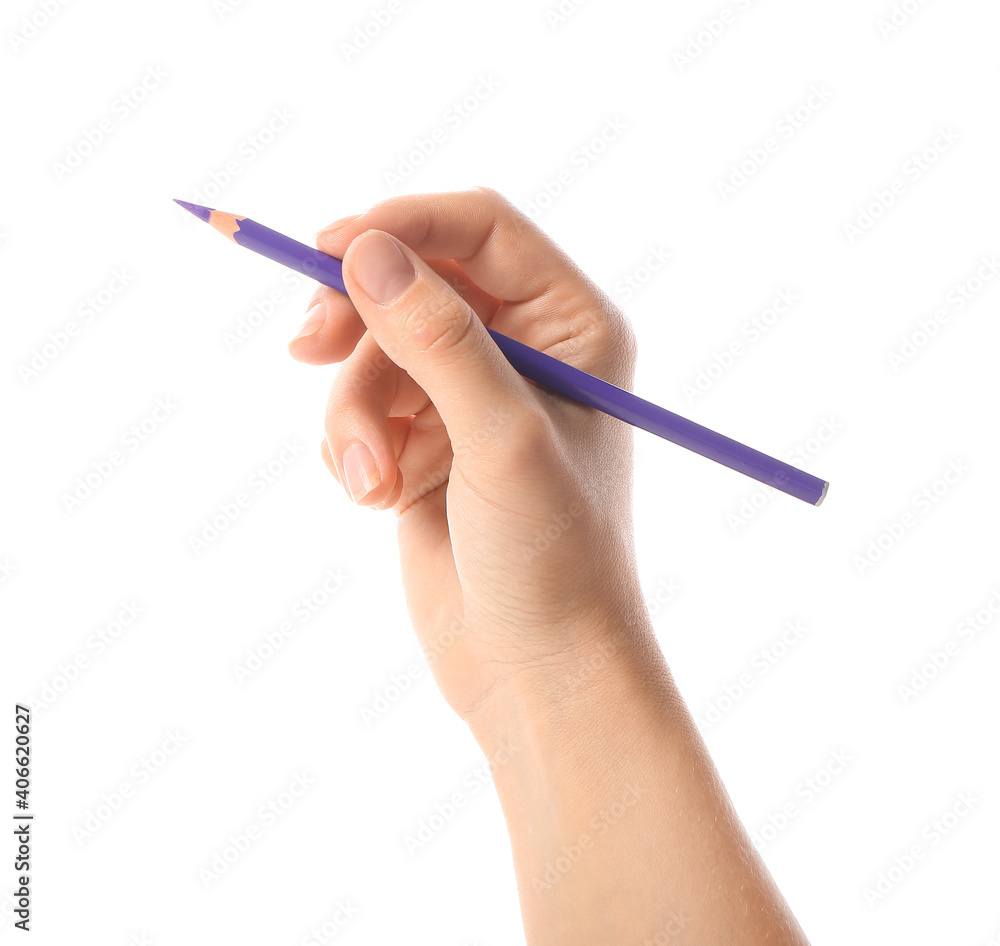 Female hand with color pencil on white background Female hand with color pencil on white background