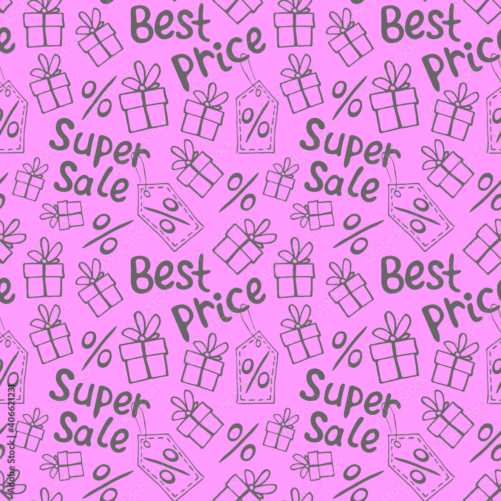 Vector seamless pattern with inscriptions and symbols Sale. Hand drawn background and texture on theme of Black Friday, best price, discounts, shopping and special offers Vector seamless pattern with inscriptions and symbols Sale. Hand drawn background and texture on theme of Black Friday, best price, discounts, shopping and special offers