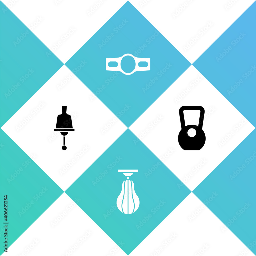 Set Ringing bell, Punching bag, Boxing belt and Kettlebell icon. Vector. Set Ringing bell, Punching bag, Boxing belt and Kettlebell icon. Vector.