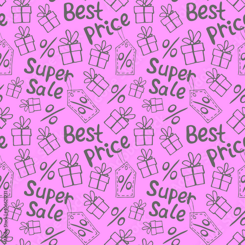 Vector seamless pattern with inscriptions and symbols Sale. Hand drawn background and texture on theme of Black Friday  best price  discounts  shopping and special offers