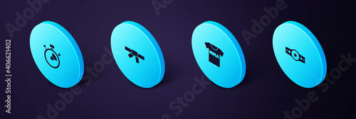 Set Isometric Boxing belt, T-shirt with fight club MMA, Black karate and Stopwatch icon. Vector.