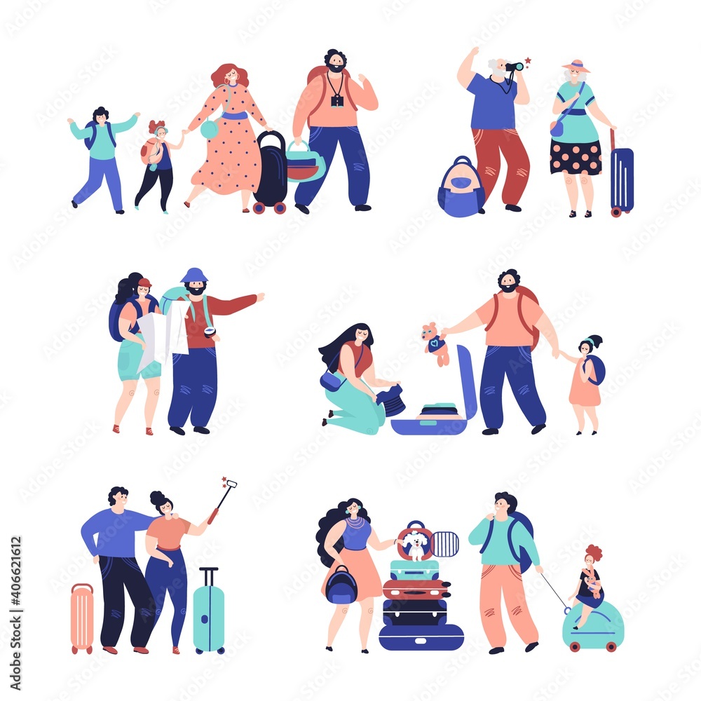 Tourist people. Travel couple, isolated travellers with luggage. Vacation person selfie, happy family with decent suitcase vector characters. Tourist journey with luggage and bag, people boarding