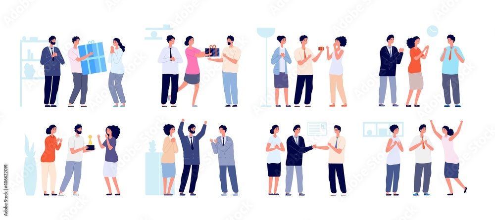 Colleagues clapping. Thankful business people, man woman support employees. Office enthusiastic characters clap in hands utter vector set. Business people support and celebration illustration
