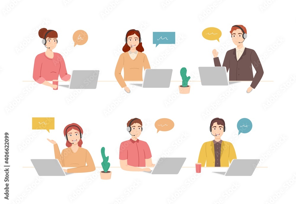 Cartoon Color Characters People Call Center Agents Set Concept. Vector