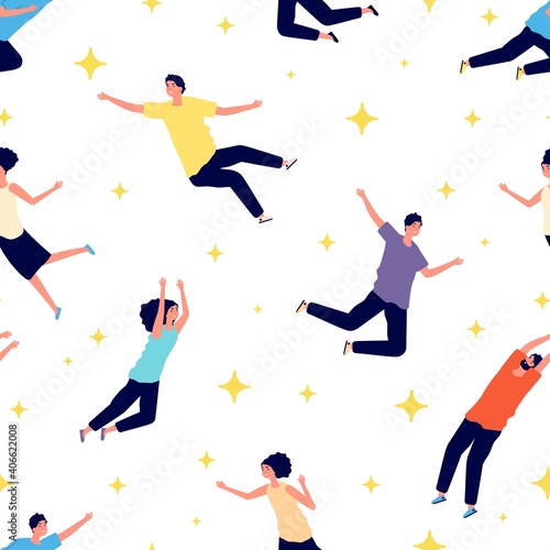 People flying patterns. Falling man woman, adults in dream. Stars, happy girl boy vector seamless texture. People flying, woman and man fly illustration