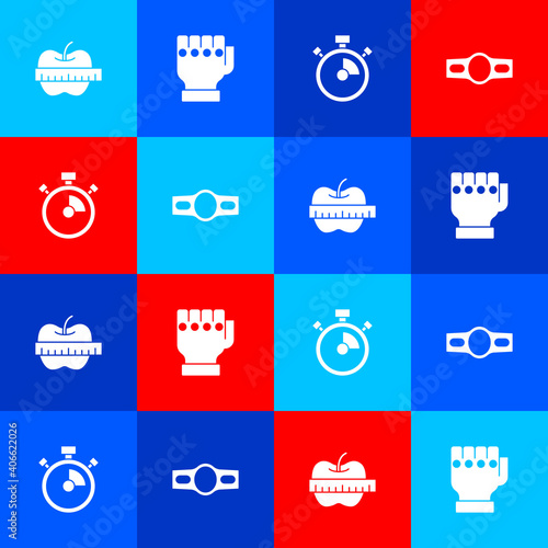 Set Apple and measuring tape, MMA glove, Stopwatch and Boxing belt icon. Vector.