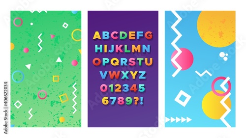 Bright alphabet. Colorful memphis poster, 90-80 style flyers design. 3D typeface with shadow, pop art vector banners. Alphabet typography, font trendy type memphis illustration