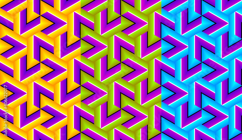 Set of colorful wrapping papers with triangles. Optical illusion of movement. Seamless pattern.