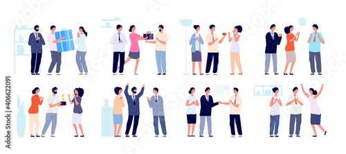Colleagues clapping. Thankful business people, man woman support employees. Office enthusiastic characters clap in hands utter vector set. Business people support and celebration illustration