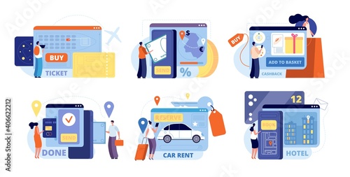 Online booking. Smart person, mobile travel or airport tickets. Internet rental car hotel, digital vacations planning vector. Online service smartphone, transportation booking and flight illustration