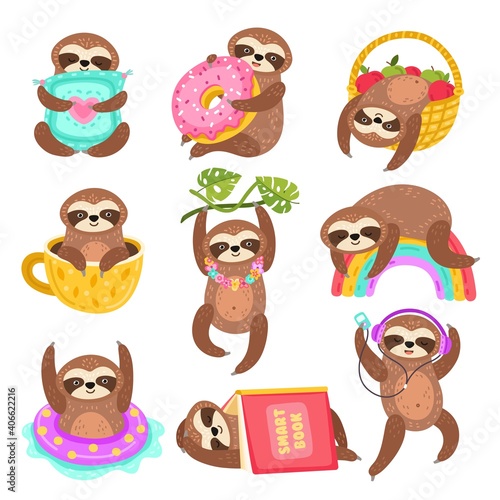Cute sloths. Funny sleepy sloth, isolated wild jungle character. Cartoon animal on rainbow branch, in coffee cup under book exact vector set. Sleep sloth on branch, laziness mammal in cop coffee