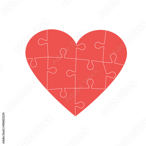 Red puzzled heart isolated on white background. Symbol of lovelorn and building love. Flat Art Vector Illustration