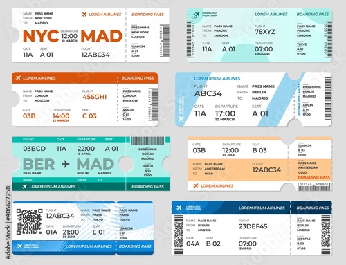 Boarding pass. Board tickets, airplane travel flight page template. Blank invitation on plane, transport card vector set. Ticket airplane flight, travel airline coupon for passenger illustration