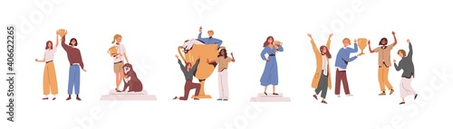 Set of happy competition champions holding golden cups and standing on pedestal. Success of male, female and dog winners awarded with prize. Flat vector illustration isolated on white background