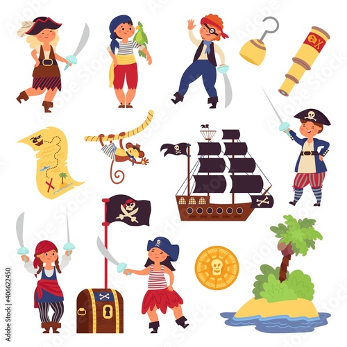 Kids pirates characters. Cartoon funny children, ocean adventures collection. Ship treasure map, hook captain in costume decent vector set. Illustration pirate children, adventure play