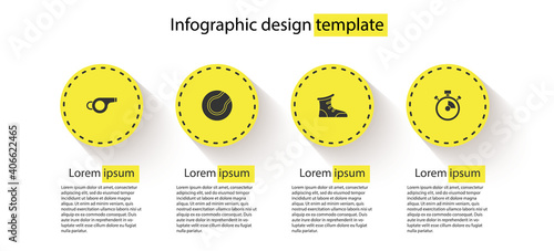 Set Whistle, Tennis ball, Sport boxing shoes and Stopwatch. Business infographic template. Vector.