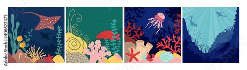 Sea world background. Underwater life, natural fish in aquarium. Nautical landscape with cartoon shell, wild ocean nature decent vector set. Illustration underwater aquarium, marine with fish