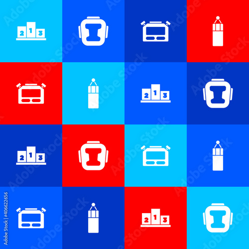 Set Award over sports winner podium, Boxing helmet, Stopwatch and Punching bag icon. Vector.
