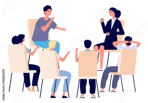 People meeting. Psychotherapy training, business lecture or conference. Persons sitting talking. Man woman support group vector. Psychiatrist help together seminar, business professional meeting