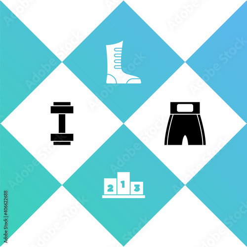 Set Dumbbell, Award over sports winner podium, Sport boxing shoes and Boxing short icon. Vector.