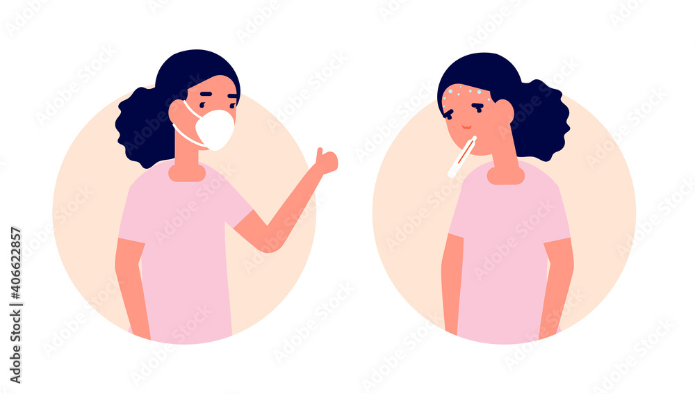 Child wear mask. Healthy vs unhealthy, girl with flu or cold. Kid in facial protection, prevention influenza disease utter vector concept. Children in mask protective prevention disease illustration Child wear mask. Healthy vs unhealthy, girl with flu or cold. Kid in facial protection, prevention influenza disease utter vector concept. Children in mask protective prevention disease illustration