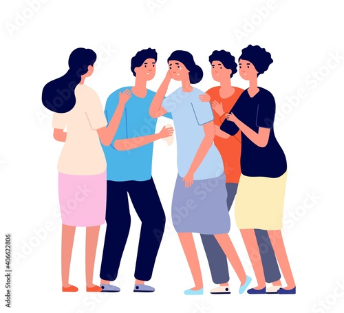 Friends consoled. Cartoon team, dependence or support. Young people comforting girl. Depression or psychology helping utter vector concept. Support team group, friendship community illustration