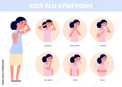 Kids cold symptoms. Kid with flu, girl cough high temperature or fever. Child has infection, diagnostic influenza or virus utter vector poster. Illustration flu and sick, care health character