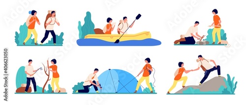 Friends travel adventures. Hiking tourist, man boating on river travelling. Adults journey camping, peak mountain utter vector set. Illustration man and woman tourism activity, adventure camping