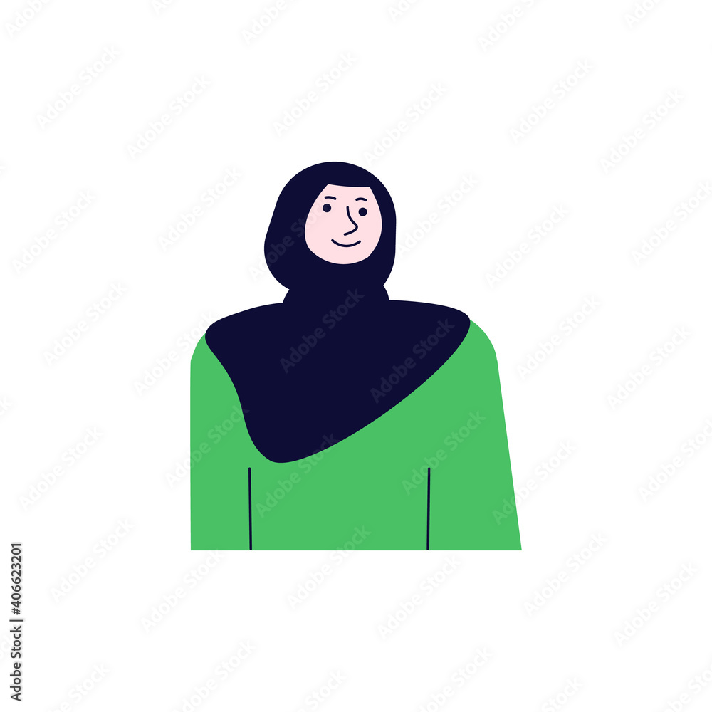 Beautiful muslim woman avatar. Portrait of confident young character is smiling isolated on a white background. Contemporary Flat Vector Illustration