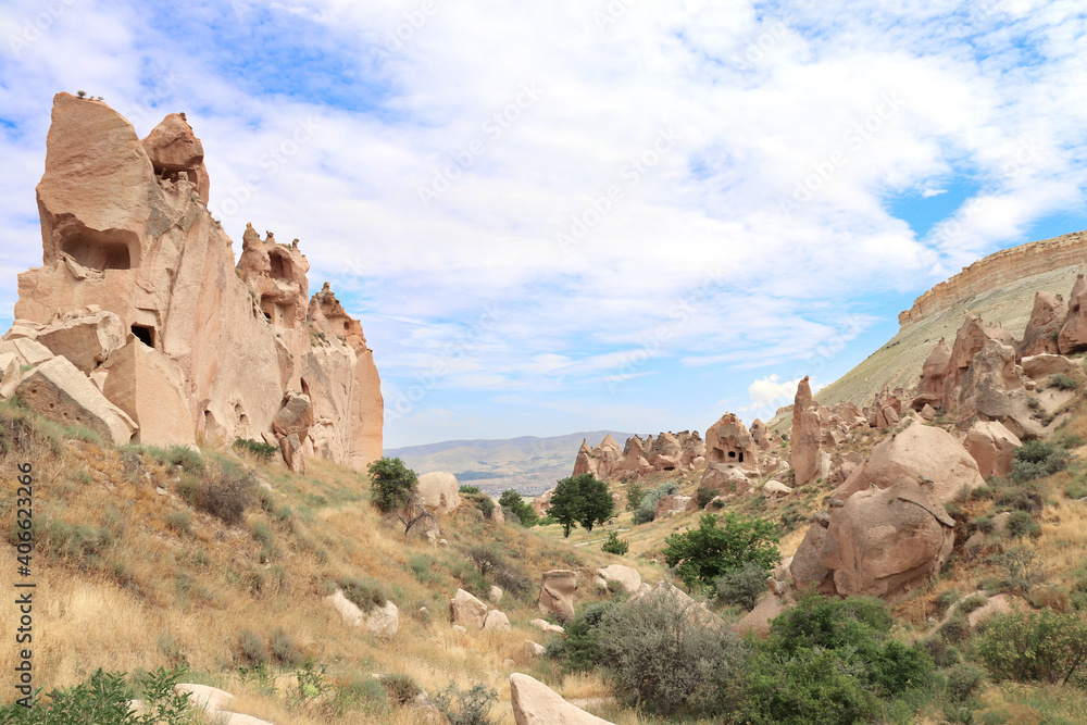 Caves in rock, Selime Monastery, Ihlara Valley, Cappadocia, Turkey