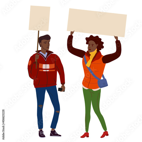 Couple Protesters man and woman holding empty banners. Activists protesting, political meeting, strike human rights. Vector illustration