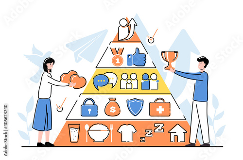 Cartoon Color Characters People and Maslow Hierarchy Concept. Vector
