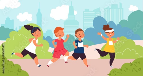 Children marathon. Kids run, speed race boy. Outdoor running competition, little athlete sport challenge in park decent vector illustration. Marathon competition activity, happy boy and girl run