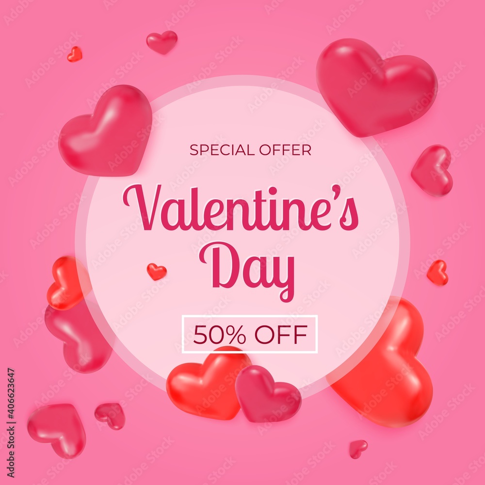Love sale banner. Valentines day discount poster with realistic hearts. Romantic season special offers vector flyer. Valentine sale poster, offer poster illustration
